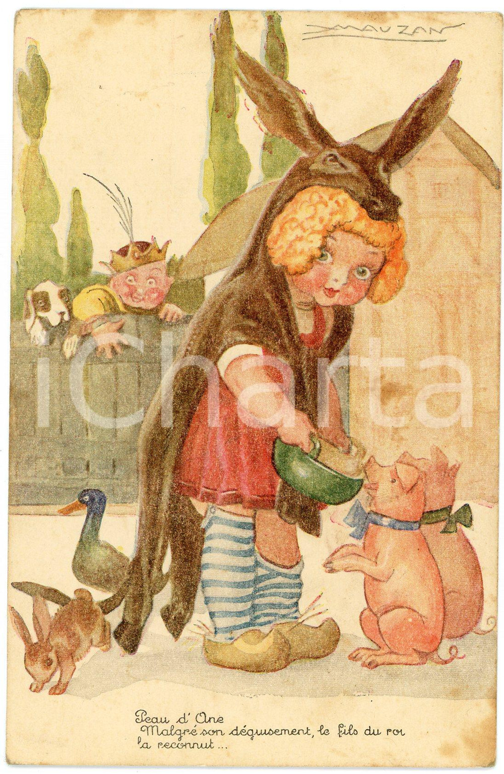 1945 Artist Achille Luciano MAUZAN Peau d'ane nourrit les porcs - Carte postale  Cartolina postale d'epoca, viaggiata. FAIR/discreto Lievi smussature agli angoli, bruniture Formato: FP originale e autentica 1