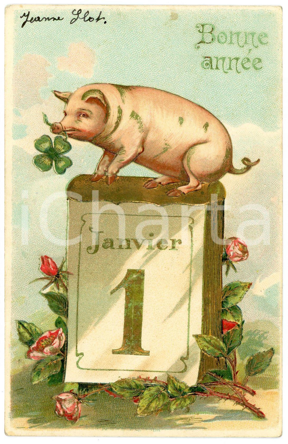 1907 BONNE ANNÉE - Pig with a four-leaf clover in his mouth - Embossed postcard  Cartolina postale d'epoca, viaggiata, in rilievo.CONDIZIONI: GFORMATO: FP    originale e autentica 1