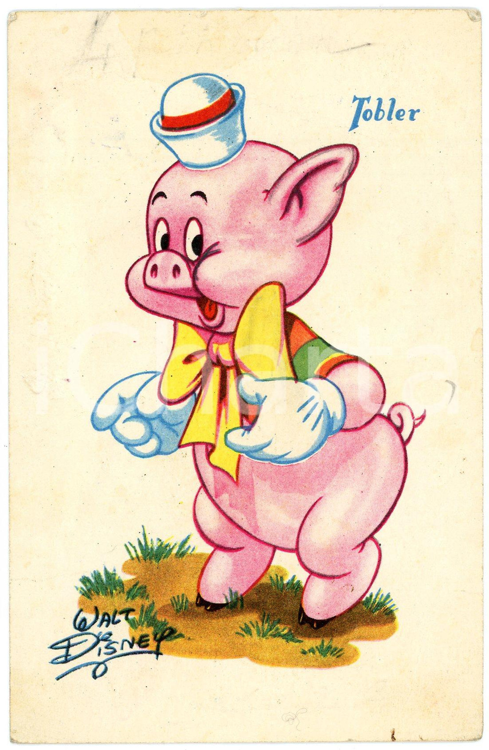 1910 ca WALT DISNEY - Chocolat TOBLER Jimmy  "Three Little Pigs" - Postcard  Cartolina postale d'epoca, non viaggiata.Didascalia pubblicitaria al verso di Walt Disney per Tobler.CONDIZIONI: VP (abrasioni angolari, strappo di circa 1 cm al lembo posteriore e residuo cartaceo, piegature e impressioni al recto dovute a scritte a matita cancellate)FORMATO: FP    originale e autentica 1