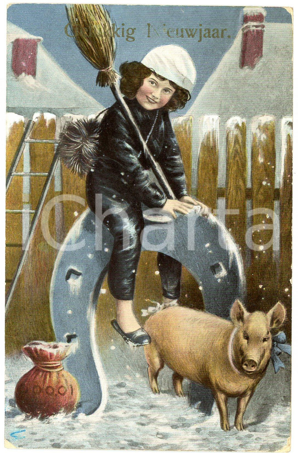 1910 ca Gelukkig nieuwjaar- Little girl sitting on a horseshoe with pig POSTCARD  Cartolina postale d'epoca, viaggiata (francobollo asportato).CONDIZIONI: P (piegatura centrale, graffi e smussature angolari)FORMATO: FP    originale e autentica 1