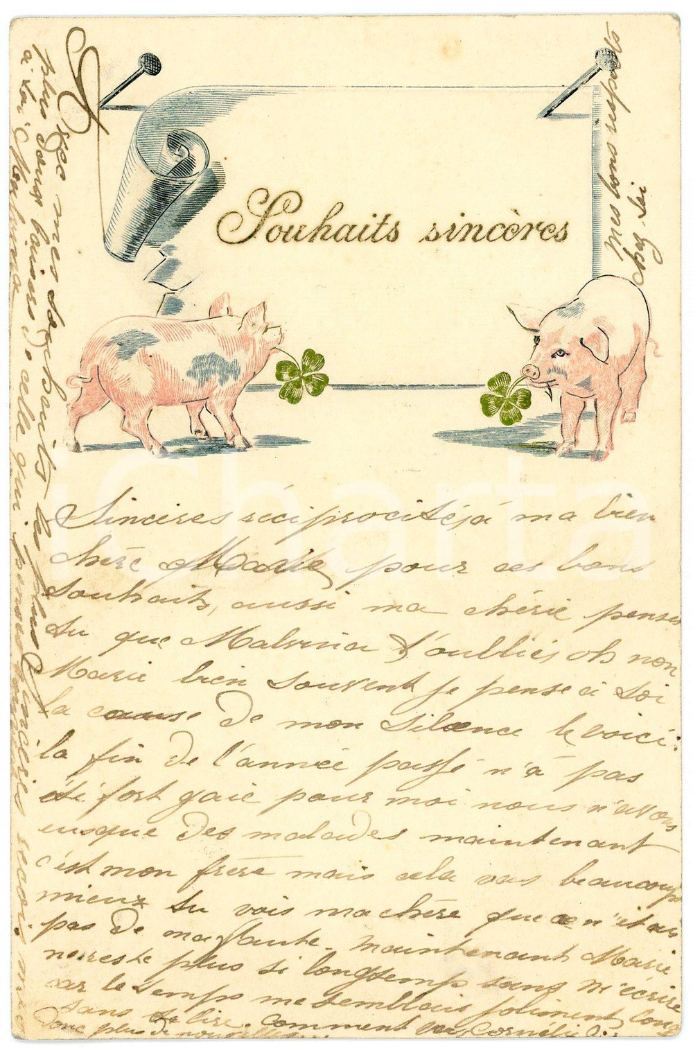 1905 - Souhaits sincères - Pigs with four-leaf clover - Embossed French postcard  Cartolina postale d'epoca, viaggiata, in rilievo.CONDIZIONI: G (minime smussature angolari)FORMATO: FP    originale e autentica 1