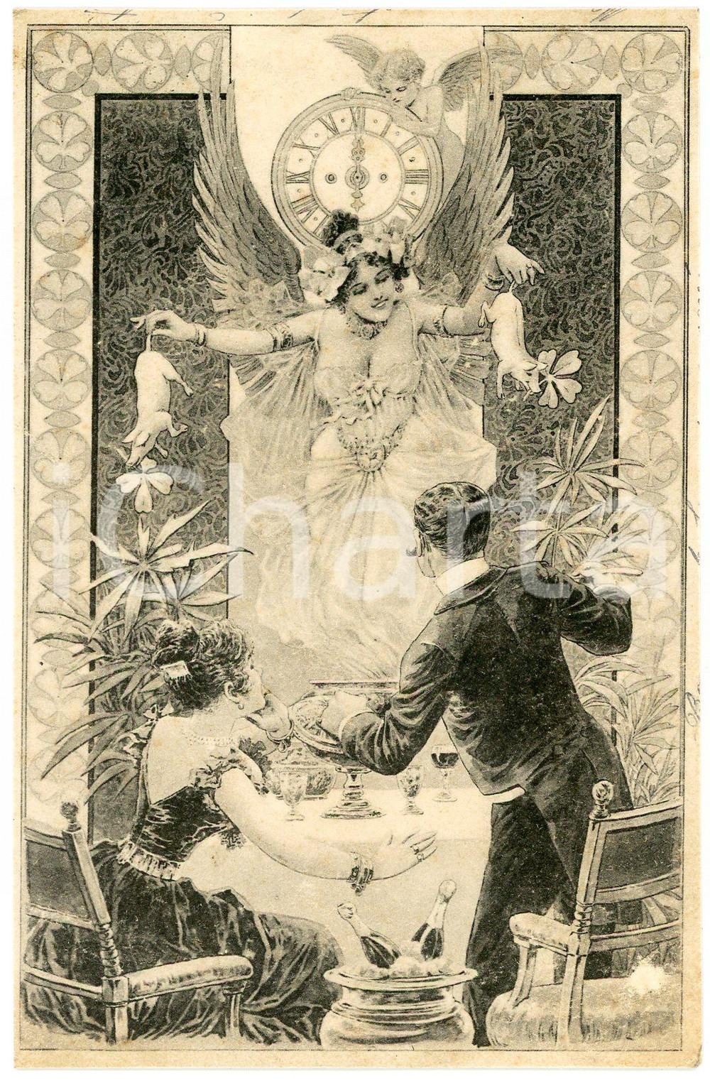 1908 NEW YEAR'S EVE Couple dining -  Fairy with lucky pigs - Old postcard  Cartolina postale d'epoca, viaggiata.CONDIZIONI: GFORMATO: FP    originale e autentica 1