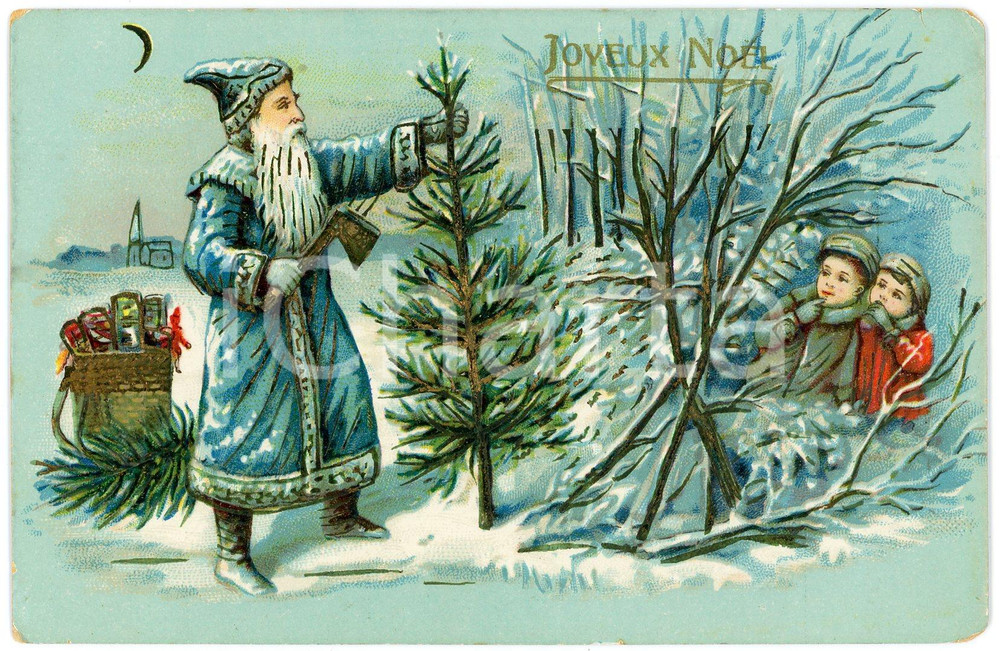 1911 JOYEUX NOËL - Santa Claus cutting a Christmas tree - Embossed postcard  Cartolina postale d'epoca, viaggiata, in rilievo.CONDIZIONI: F (piegature e abrasioni angolari)FORMATO: FP    originale e autentica 1