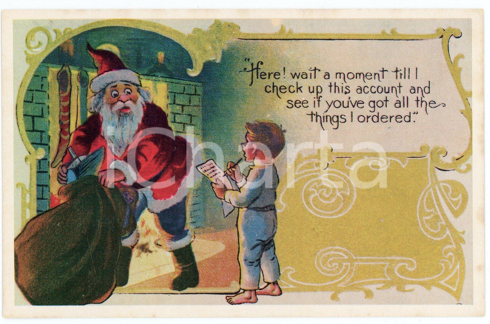 1910 ca CHRISTMAS - "Here! wait a moment" - Santa Claus and a child - Postcard  Cartolina postale d'epoca, non viaggiata.CONDIZIONI: GFORMATO: FP    originale e autentica 1