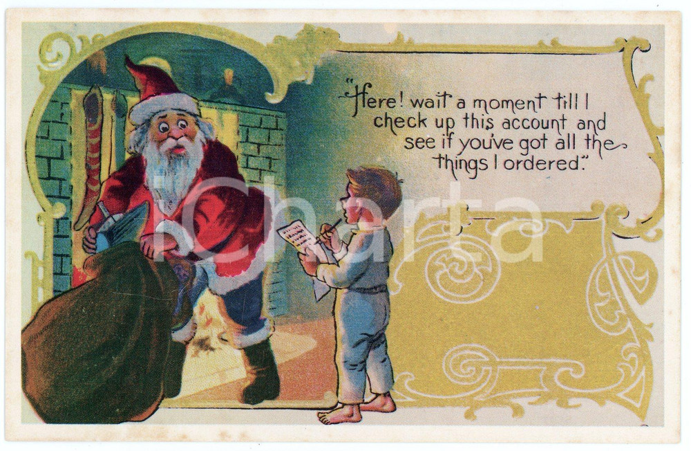1910 ca. CHRISTMAS - "Here! wait a moment" - Santa Claus and a child - Postcard  Cartolina postale d'epoca, non viaggiata.CONDIZIONI: F (lievi fioriture sul lato inferiore)FORMATO: FP    originale e autentica 1