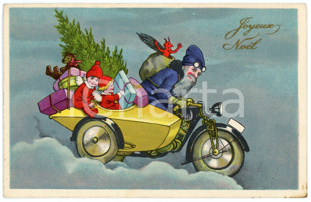 1910 ca. JOYEUX NOËL - Santa Claus on a sidecar with children - Postcard  Cartolina postale d'epoca, non viaggiata.CONDIZIONI: F (lievi piegature angolari e piccola macchia all'angolo inferiore destro)FORMATO: FP    originale e autentica 1