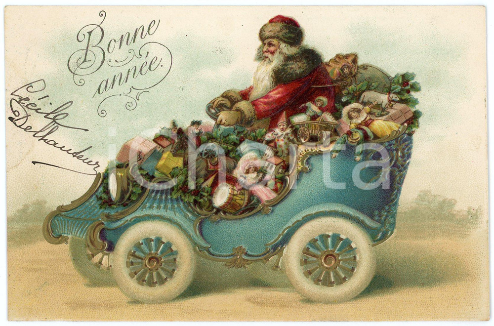 1906 BONNE ANNÉE - Santa Claus driving a car full of toys - Embossed postcard  Cartolina postale d'epoca, viaggiata, in rilievo.CONDIZIONI: G FORMATO: FP    originale e autentica 1