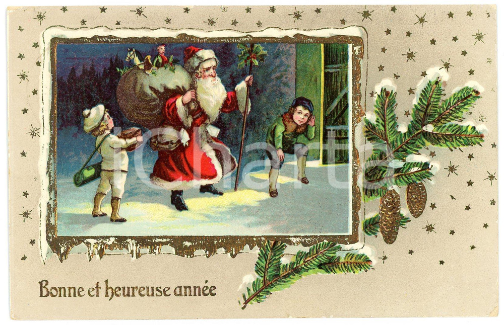 1913 BONNE ET HEUREUSE ANNÉE - Santa Claus with children - Embossed postcard  Cartolina postale d'epoca, viaggiata, in rilievo.CONDIZIONI: F (piccole piegature e abrasioni angolari)FORMATO: FP    originale e autentica 1