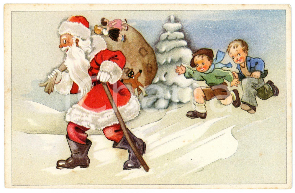 1910 ca CHRISTMAS - Santa Claus walking in the snow with children - Postcard  Cartolina postale d'epoca, non viaggiata.CONDIZIONI: GFORMATO: FP    originale e autentica 1