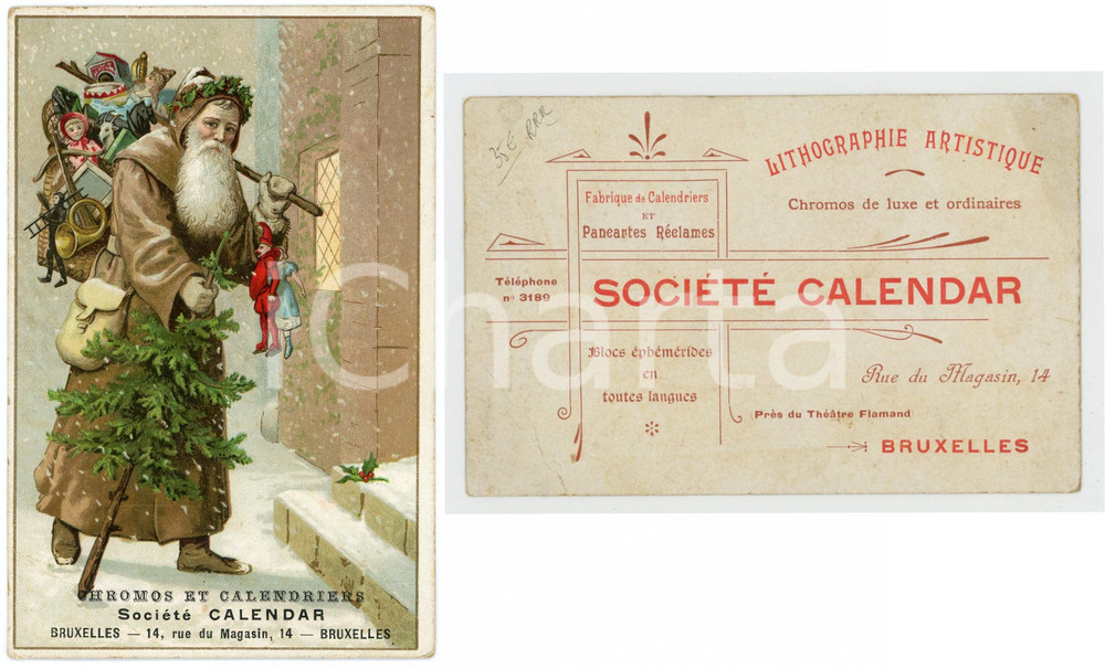 1900 ca BRUXELLES SOCIÉTÉ CALENDAR - Santa Claus bringing toys - Postcard  Cartolina postale d'epoca, non viaggiata.Didascalia pubblicitaria al verso della Soci&eacute;t&eacute; Calendar di Bruxelles.CONDIZIONI: P (lievi abrasioni angolari e ampia piegatura)FORMATO: FP    originale e autentica 1