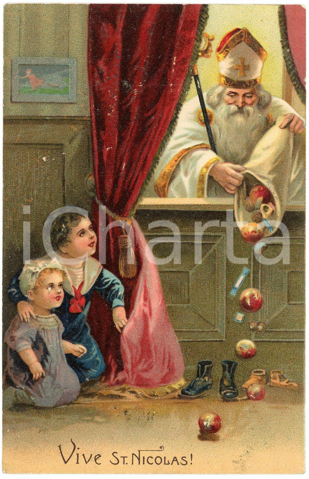 1910 CHRISTMAS St. Nicolas giving toys to children - Embossed postcard  Cartolina postale d'epoca, viaggiata, in rilievo.CONDIZIONI: F (lievi abrasioni centrali)FORMATO: FP    originale e autentica 1