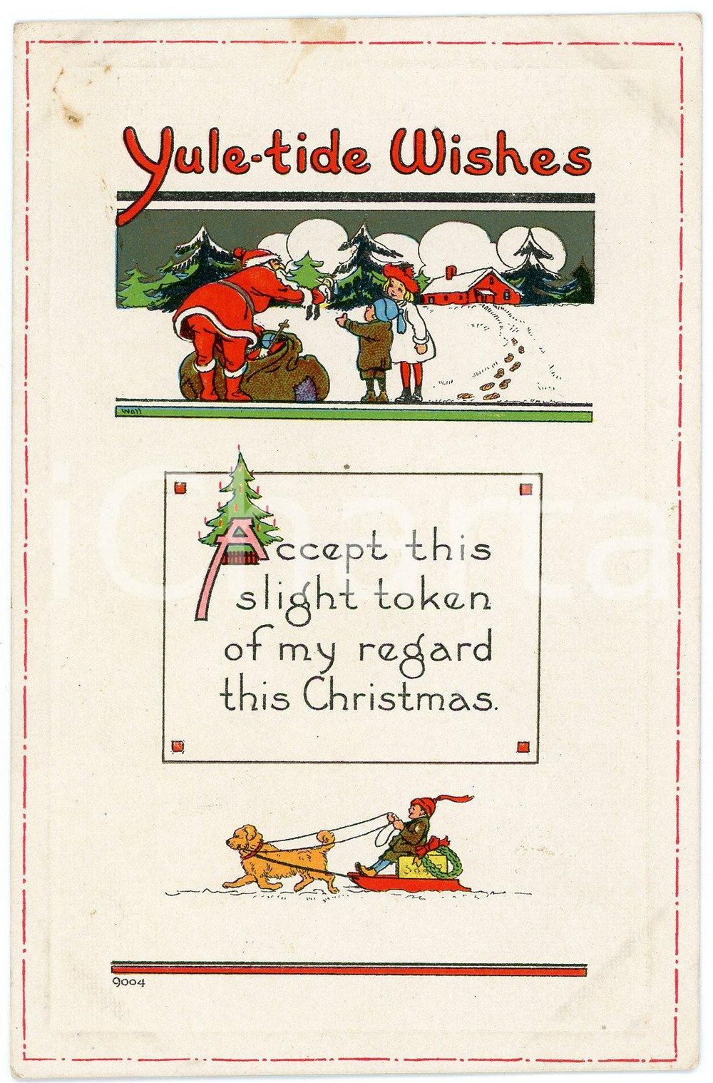 1910 ca. Yule-tide Wishes Santa Claus giving toys to children *Embossed postcard  Cartolina postale d'epoca, non viaggiata, in rilievo.CONDIZIONI: P (macchie nella parte superiore sinistra; piegatura verticale)FORMATO: FP    originale e autentica 1