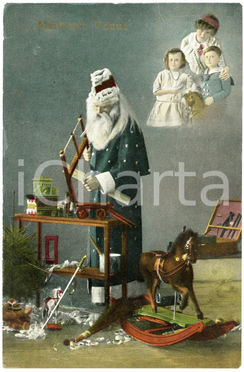 1914 CHRISTMAS Meilleurs Voeux - Santa Claus building toys to children *Postcard  Cartolina postale d'epoca, viaggiata.CONDIZIONI: P (piegature diffuse)FORMATO: FP    originale e autentica 1