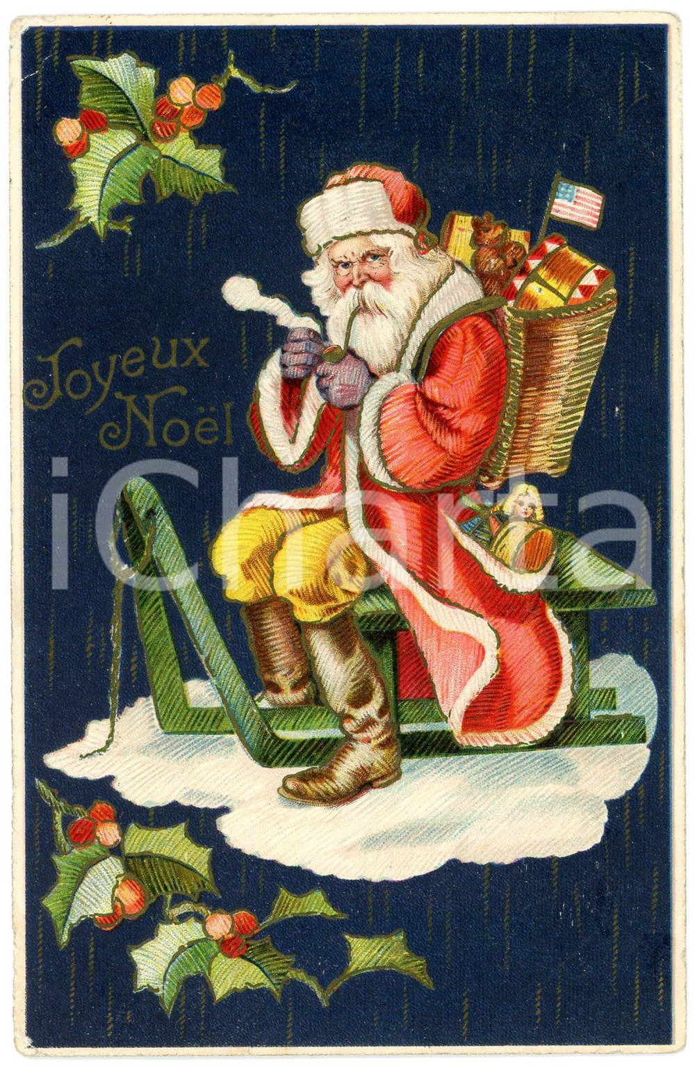 1910 ca. JOYEUX NOËL - Santa Claus smoking a pipe - Embossed postcard  Cartolina postale d'epoca, viaggiata, in rilievo.Francobollo asportato.CONDIZIONI: F (piccole piegature angolari)FORMATO: FP    originale e autentica 1