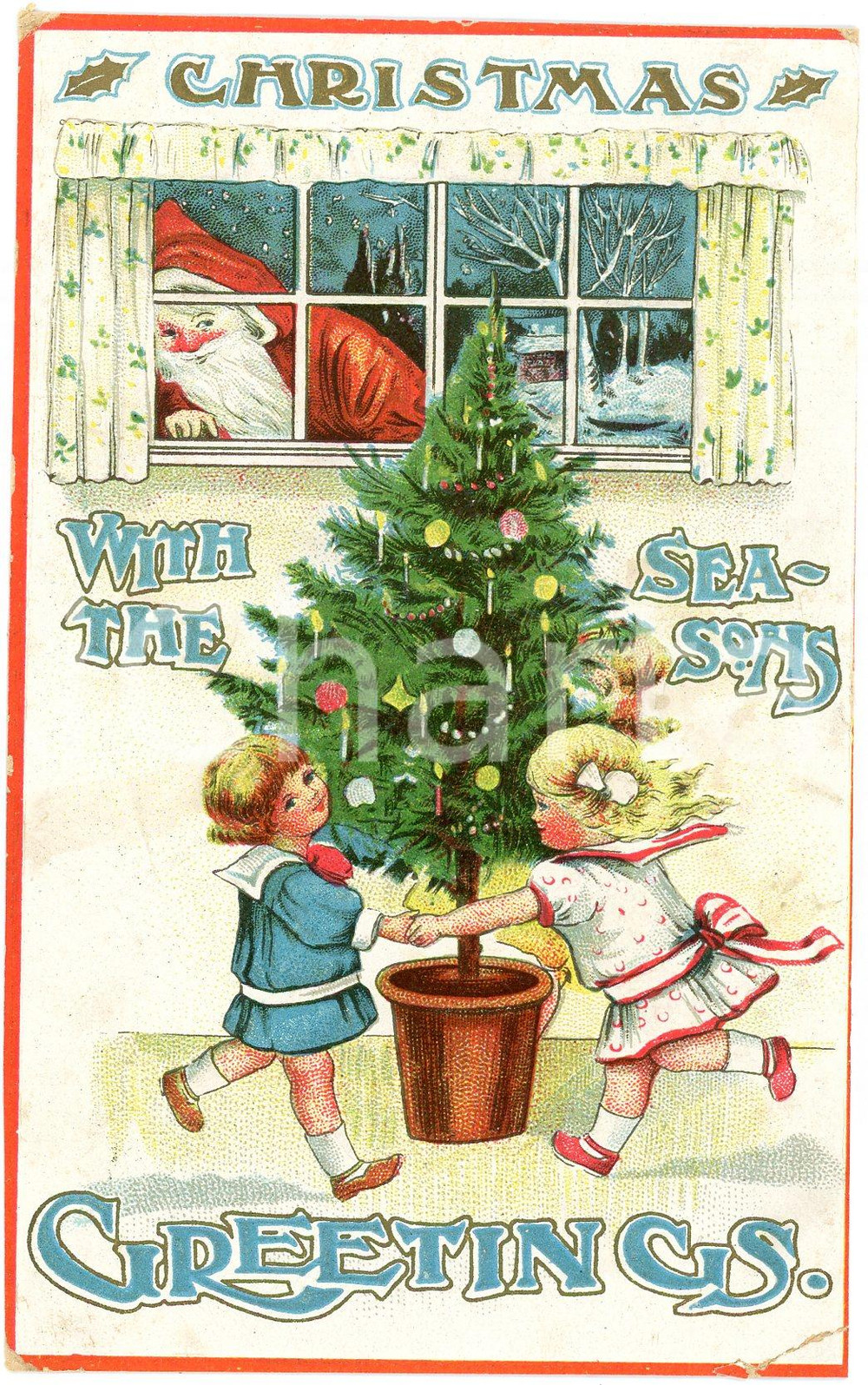 1909 CHRISTMAS with the Season's Greetings - Embossed postcard  Cartolina postale d'epoca, viaggiata, in rilievo.CONDIZIONI: P (abrasioni e piegature angolari)FORMATO: FP    originale e autentica 1