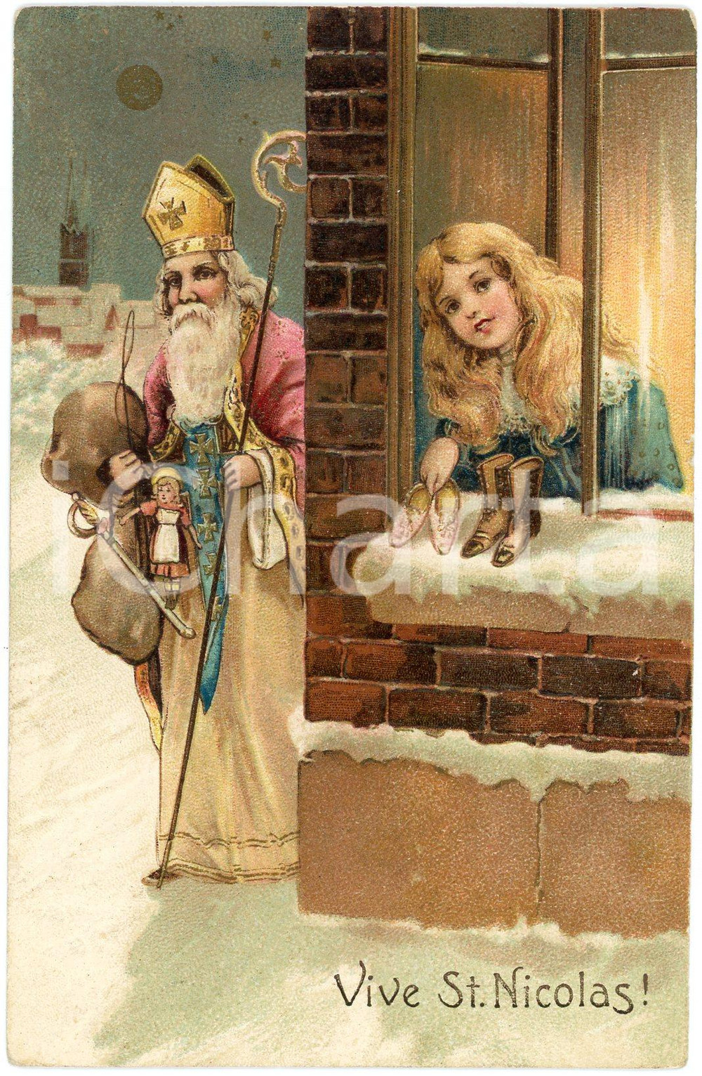 1911 CHRISTMAS Vive St. Nicolas! - St. Nicolas and a little girl - Postcard  Cartolina postale d'epoca, viaggiata, in rilievo.CONDIZIONI: GFORMATO: FP    originale e autentica 1