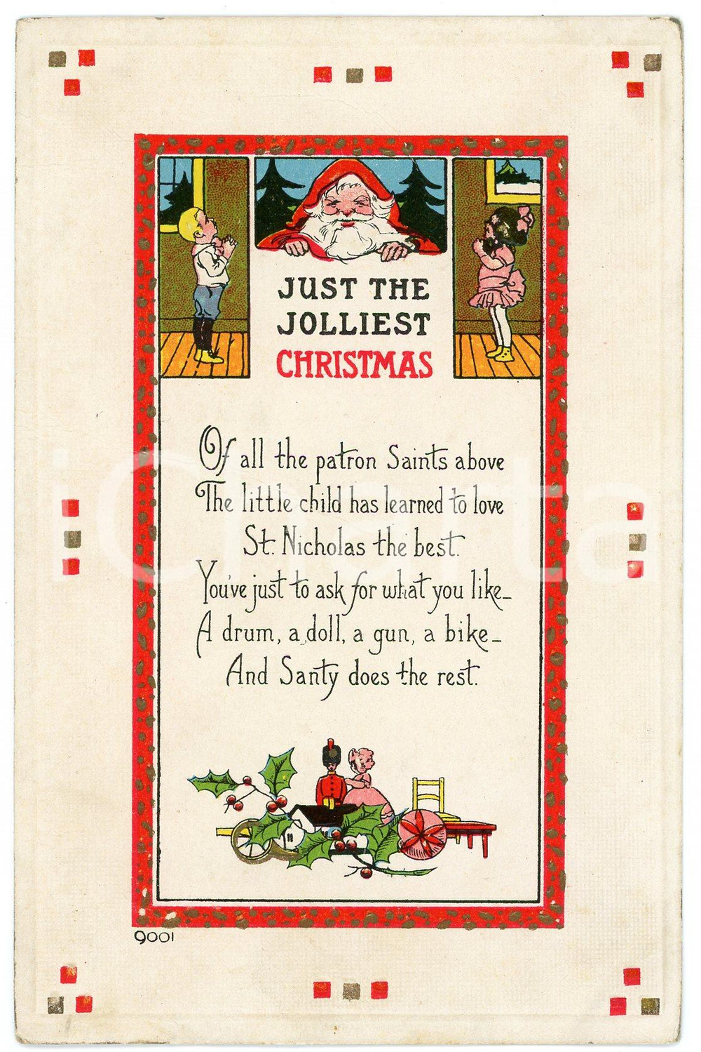 1916 Just the Jolliest CHRISTMAS - Santa Claus and children *Embossed postcard  Cartolina postale d'epoca, viaggiata, in rilievo.CONDIZIONI: F (lievi piegature; abrasioni angolari)FORMATO: FP    originale e autentica 1