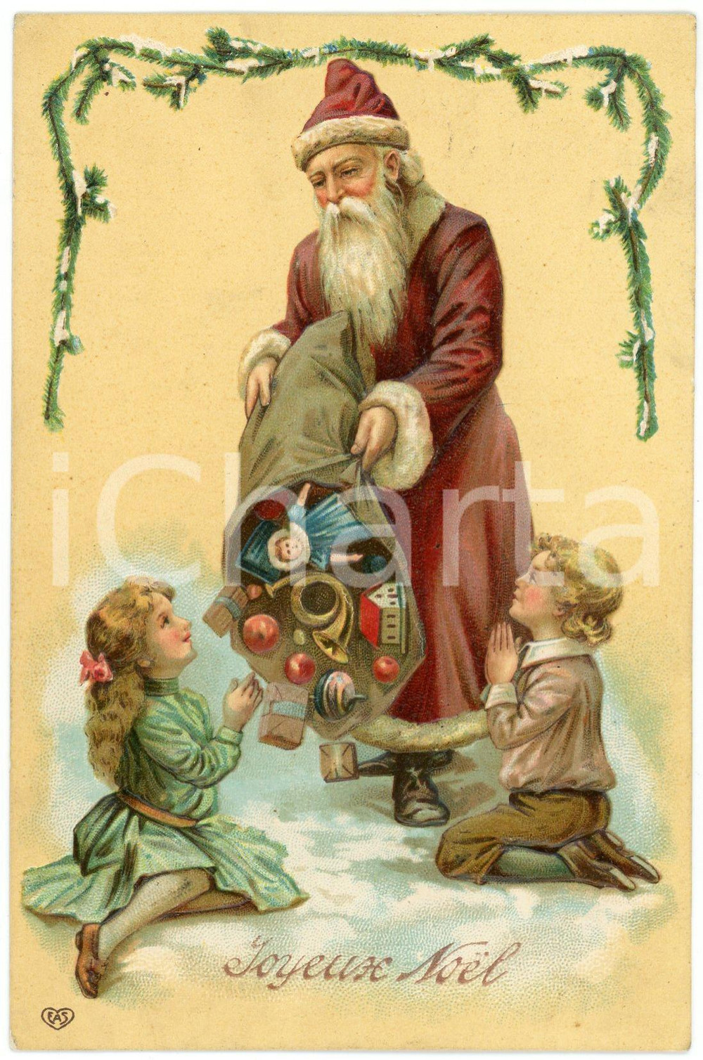 1911 JOYEUX NOËL - Santa Claus giving toys to children - Embossed postcard  Cartolina postale d'epoca, viaggiata, in rilievo.CONDIZIONI: GFORMATO: FP    originale e autentica 1
