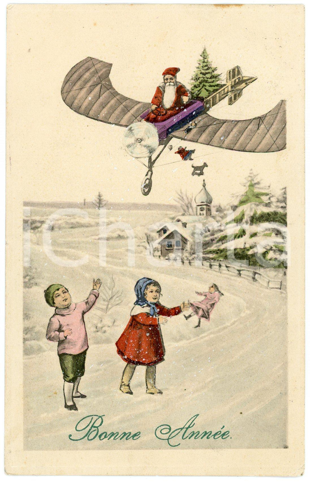 1913 BONNE ANNÉE -  Santa Claus on a plane launch toys to children - Postcard  Cartolina postale d'epoca, viaggiata.CONDIZIONI: G (smussature angolari)FORMATO: FP    originale e autentica 1