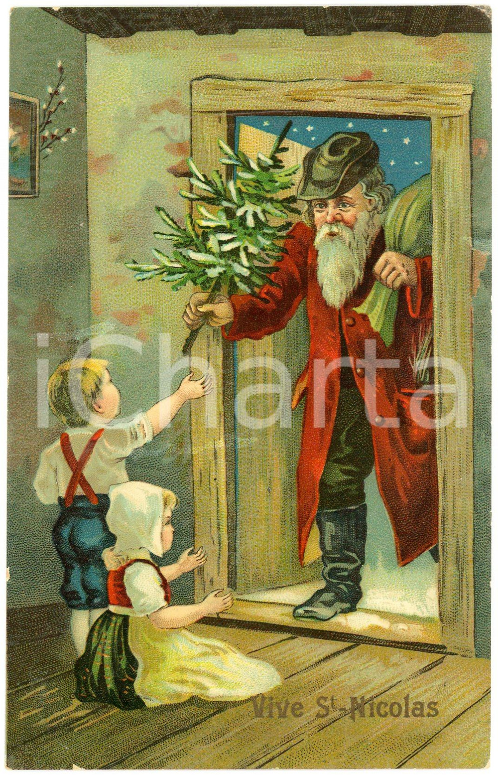 1910 CHRISTMAS Vive St. Nicolas - Santa Claus with children - DAMAGED postcard  Cartolina postale d'epoca, viaggiata.CONDIZIONI: VP (diffuse increspature alla pellicola)FORMATO: FP    originale e autentica 1