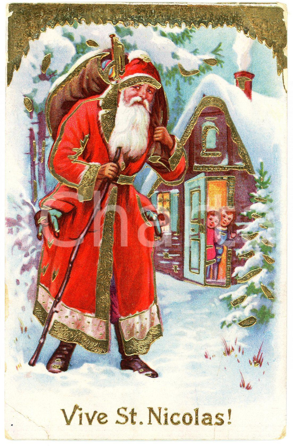 1938 CHRISTMAS Vive St. Nicolas! - Santa Claus giving toys to children *Postcard  Cartolina postale d'epoca, viaggiata, in rilievo dorato.CONDIZIONI: P (abrasioni agli angoli superiori, piegature angolari)FORMATO: FP    originale e autentica 1