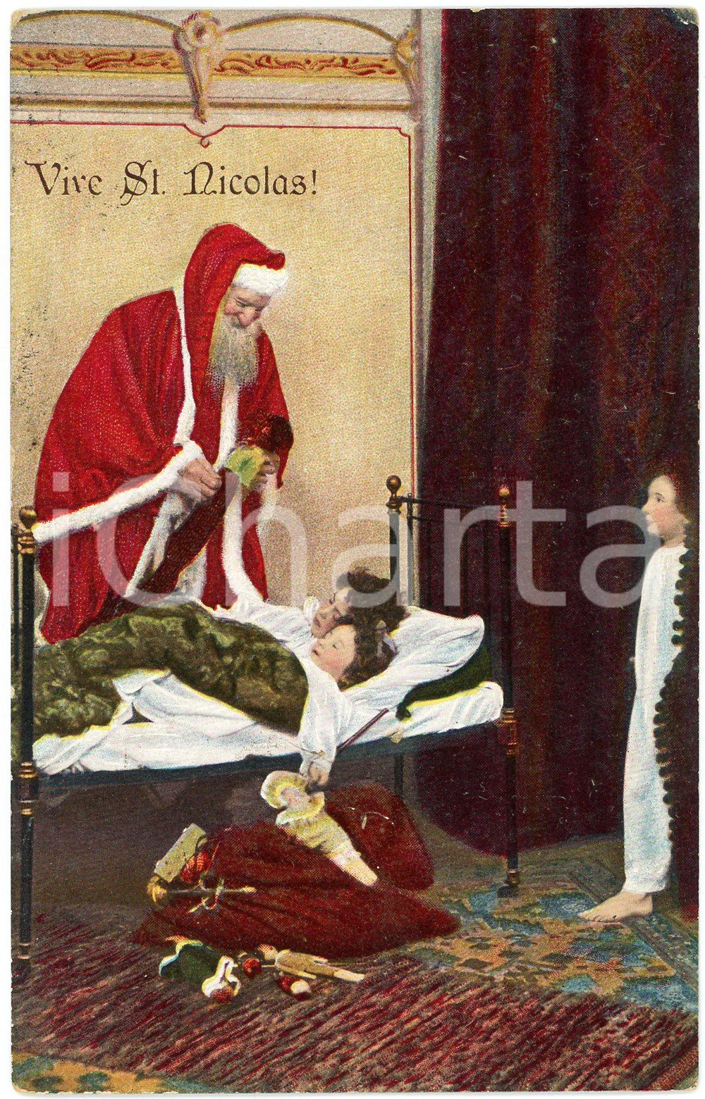 1912 CHRISTMAS Vive St. Nicolas! - Santa Claus giving toys to children *Postcard  Cartolina postale d'epoca, viaggiata con parziale abrasione del francobollo.CONDIZIONI: G (minime abrasioni angolari)FORMATO: FP    originale e autentica 1