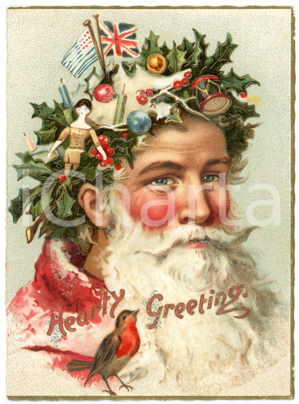 1900 ca CHRISTMAS Santa Claus with holly wreath - Embossed card  Biglietto d'epoca, a rilievo.CONDIZIONI: GFORMATO: 8x11 cm    originale e autentica 1