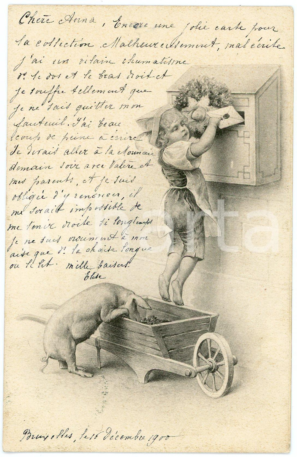 1900 - Child posting letter with pig -  ILLUSTRATED postcard  Cartolina postale d'epoca, viaggiata.CONDIZIONI: GFORMATO: FP    originale e autentica 1