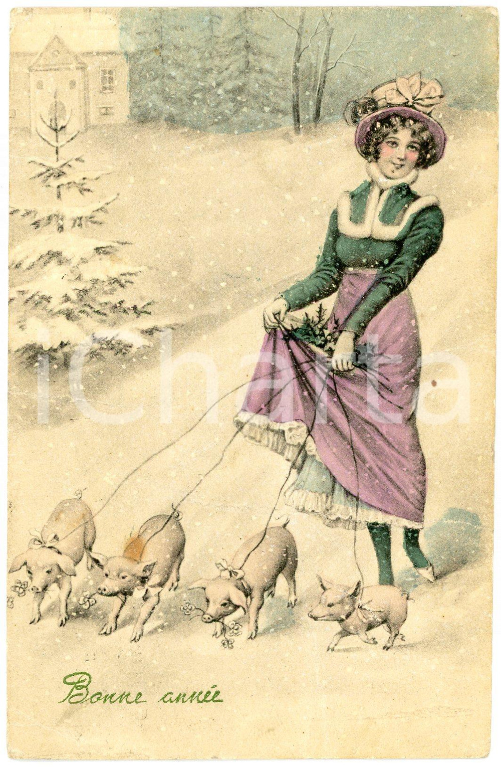 1910 ca - BONNE ANNÉE -  Woman with piglets on a leash - DAMAGED postcard  Cartolina postale d'epoca, scritta ma non viaggiata.CONDIZIONI: VP (piegature diffuse)FORMATO: FP    originale e autentica 1