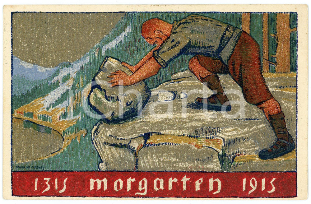 1915 SWITZERLAND - MORGARTEN - URNERTAG Artist Maurice MATHEY Postcard FP NV  Cartolina postale d'epoca, non viaggiata. FAIR/discreto Lievi smussature agli angoli Formato: FP originale e autentica 1