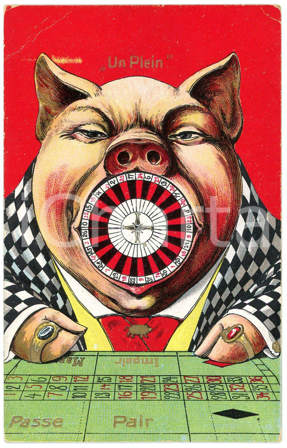 1910 ca. Un Plein - Pig with a roulette in its mouth -Anthropomorphic postcard  Cartolina postale d'epoca, non viaggiata.CONDIZIONI: P (piegature agli angoli superiori)FORMATO: FP    originale e autentica 1