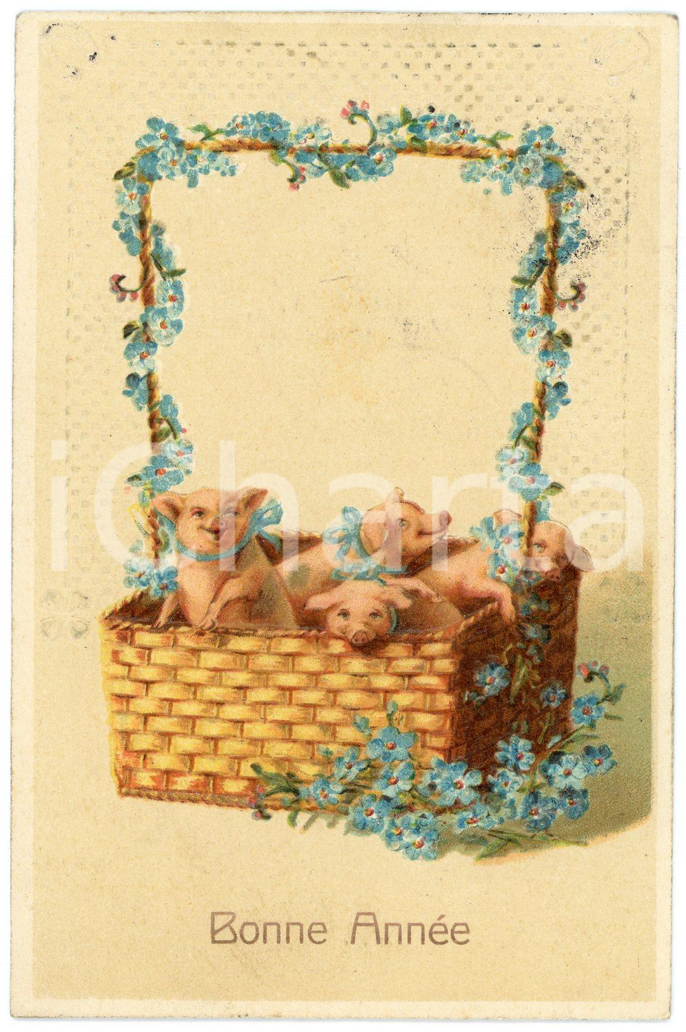 1918 - BONNE ANNÉE - Basket with auspicious pigs - Embossed postcard  Cartolina postale d'epoca, viaggiata, in rilievo.CONDIZIONI: GFORMATO: FP    originale e autentica 1