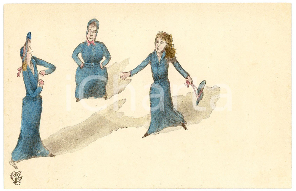 1900 ca HUMOUR Three women acting ILLUSTRATED Postcard FP NV  Cartolina postale d'epoca, non viaggiata. POOR/danneggiato aloni diffusi Formato: 14x9 cm originale e autentica 1