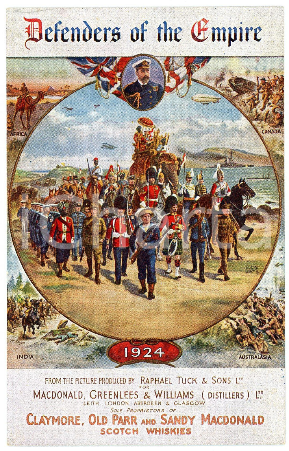 1924 UK Distillers MacDONALD, GREENLEES & WILLIAMS Defenders of Empire Postcard  Cartolina postale d'epoca, viaggiata.Al verso timbro: "Giuseppe Fulgini - Comando Artiglieria) FAIR/discreto Lievi smussature agli angoli Formato: FP originale e autentica 1