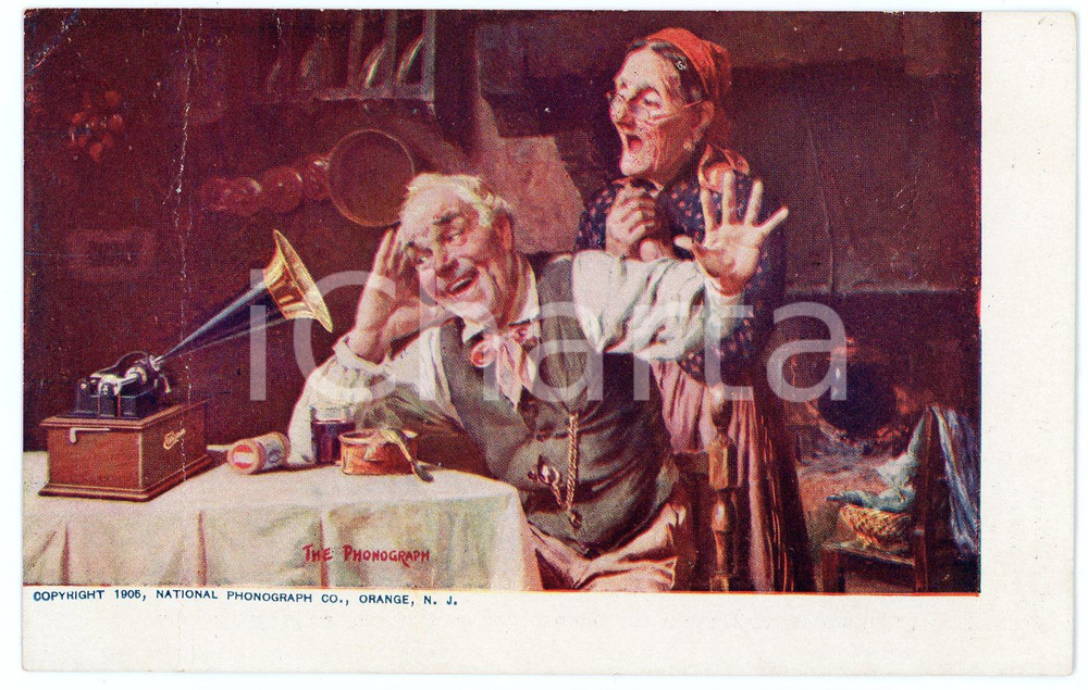 1905 THE PHONOGRAPH - National Phonograph Co. - Advertising DAMAGED postcard  Cartolina postale d'epoca, non viaggiata.CONDIZIONI: VP (profonda piegatura verticale) FORMATO: FP    originale e autentica 1