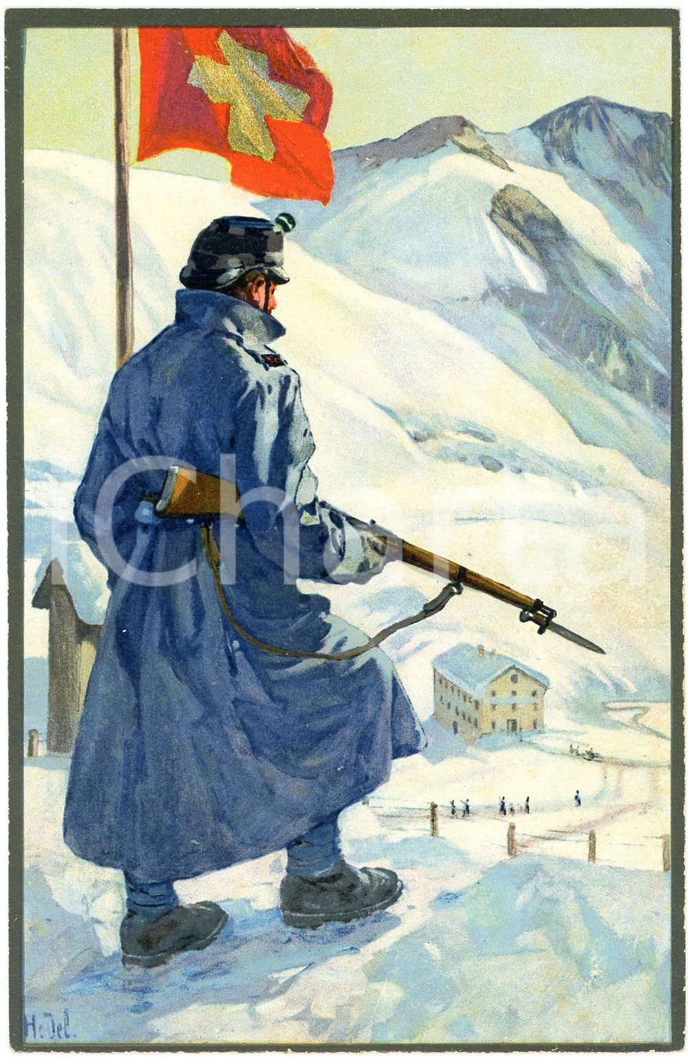 1916 WW1 Artist E. HODEL Hiver 1915/16 - Carte postale GLOBETROTTER 2 Série (5)  Cartolina postale d'epoca, non viaggiata.CONDIZIONI: GOODFORMATO: FP    originale e autentica 1