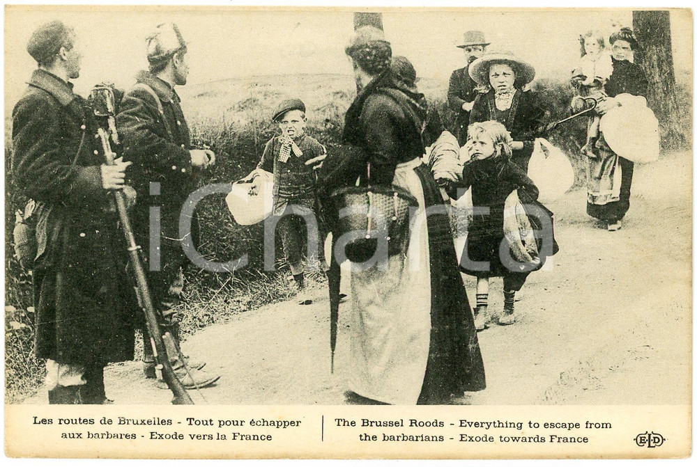 1915 ca WW1 Routes de BRUXELLES Tout pour échapper aux barbares - Carte postale  Cartolina postale d'epoca, non viaggiata. FAIR/discreto Lievi smussature agli angoli Formato: FP originale e autentica 1