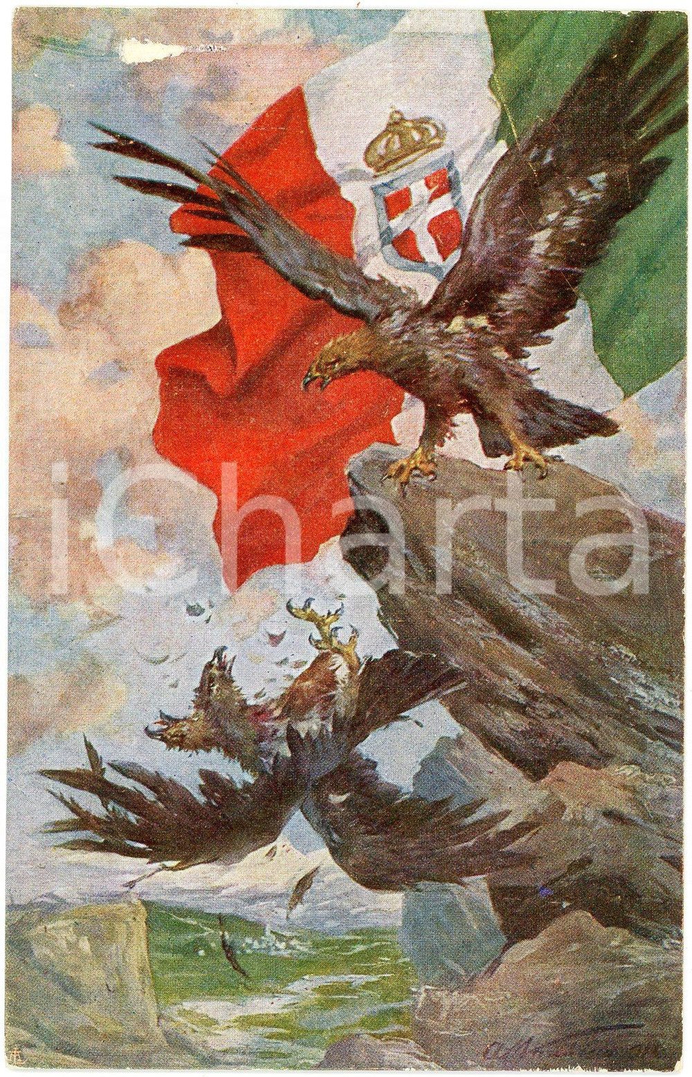 1918 WW1 Artista Antonio MARCHISIO Epilogo GRANDE GUERRA Cartolina illustrata  Cartolina postale d'epoca, non viaggiata.CONDIZIONI: POOR (abrasione al margine superiore, sbrecciature ai margini) FORMATO: FP    originale e autentica 1