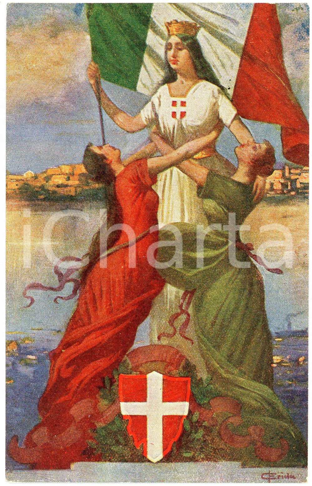 1915 ca  IRREDENTISMO Trento e Trieste abbracciano l'Italia - Cartolina FP NV  Cartolina postale d'epoca, non viaggiata. FAIR/discreto Lievi smussature agli angoli Formato: FP originale e autentica 1