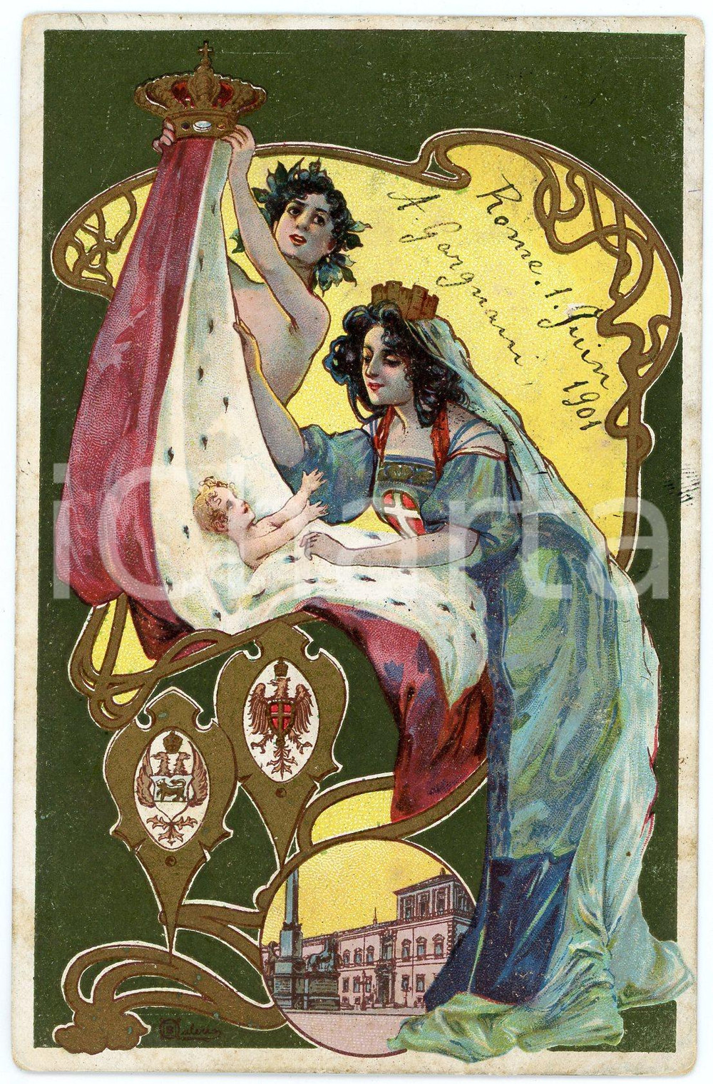 1901 REGNO D'ITALIA Per la nascita di Jolanda di Savoia - Cartolina ILLUSTRATA 1  Cartolina postale d'epoca, viaggiata. FAIR/discreto Smussature agli angoli Formato: 14x9 cm originale e autentica 1