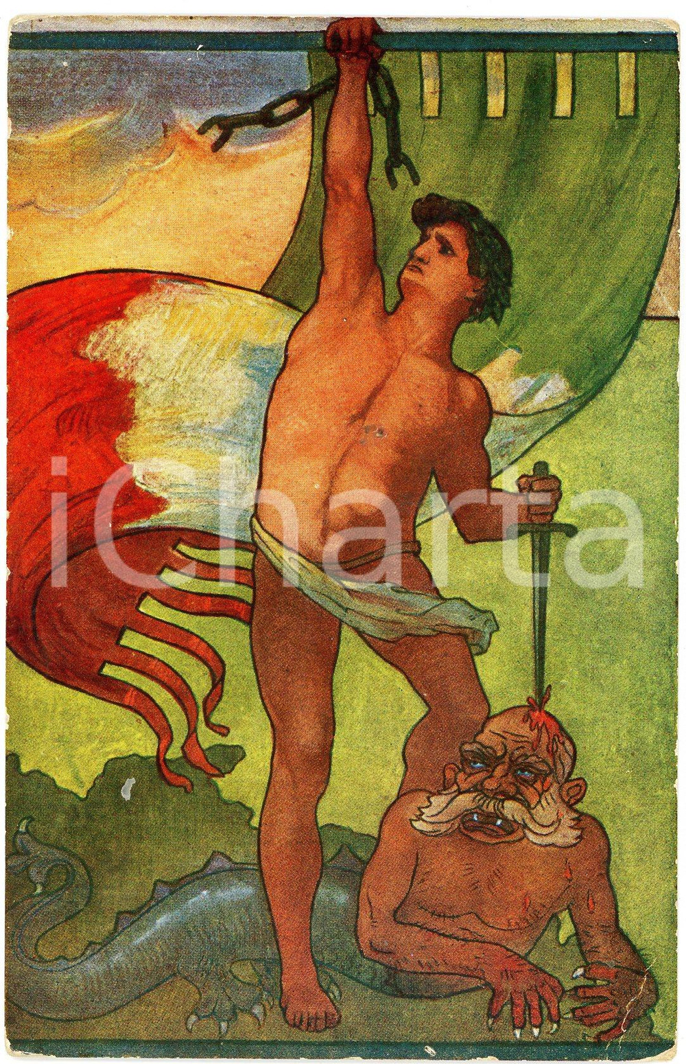 1914 WW1 Artista Valerio FRANCO Redento - Cartolina ILLUSTRATA FP VG Cartolina postale d'epoca, viaggiata. CONDIZIONI: POOR (lieve piegatura all'angolo inferiore destro, sbrecciature ai margini)FORMATO: FP    originale e autentica 1
