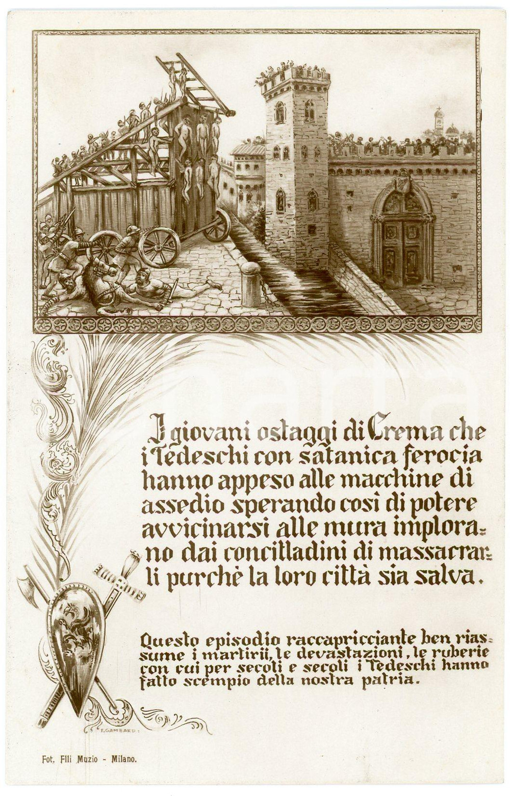 1915 ca WW1 Assedio di Crema del 1159 - Cartolina della Vittoria FP NV Cartolina postale d'epoca, non viaggiata. CONDIZIONI: GOODFORMATO: FP    originale e autentica 1