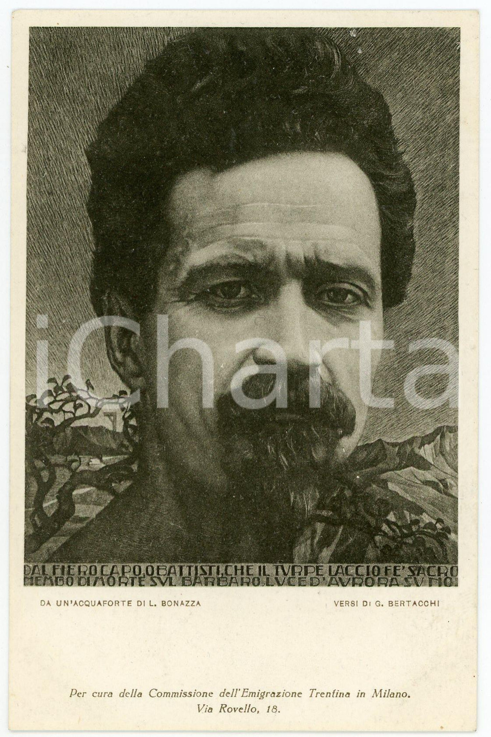 1916 MILANO Commissione Emigrazione Trentina - Cesare BATTISTI Cartolina FP NV Cartolina postale d'epoca, non viaggiata.Con illustrazione di L. Bonazza e versi di G. Bertacchi. CONDIZIONI: GOODFORMATO: FP    originale e autentica 1