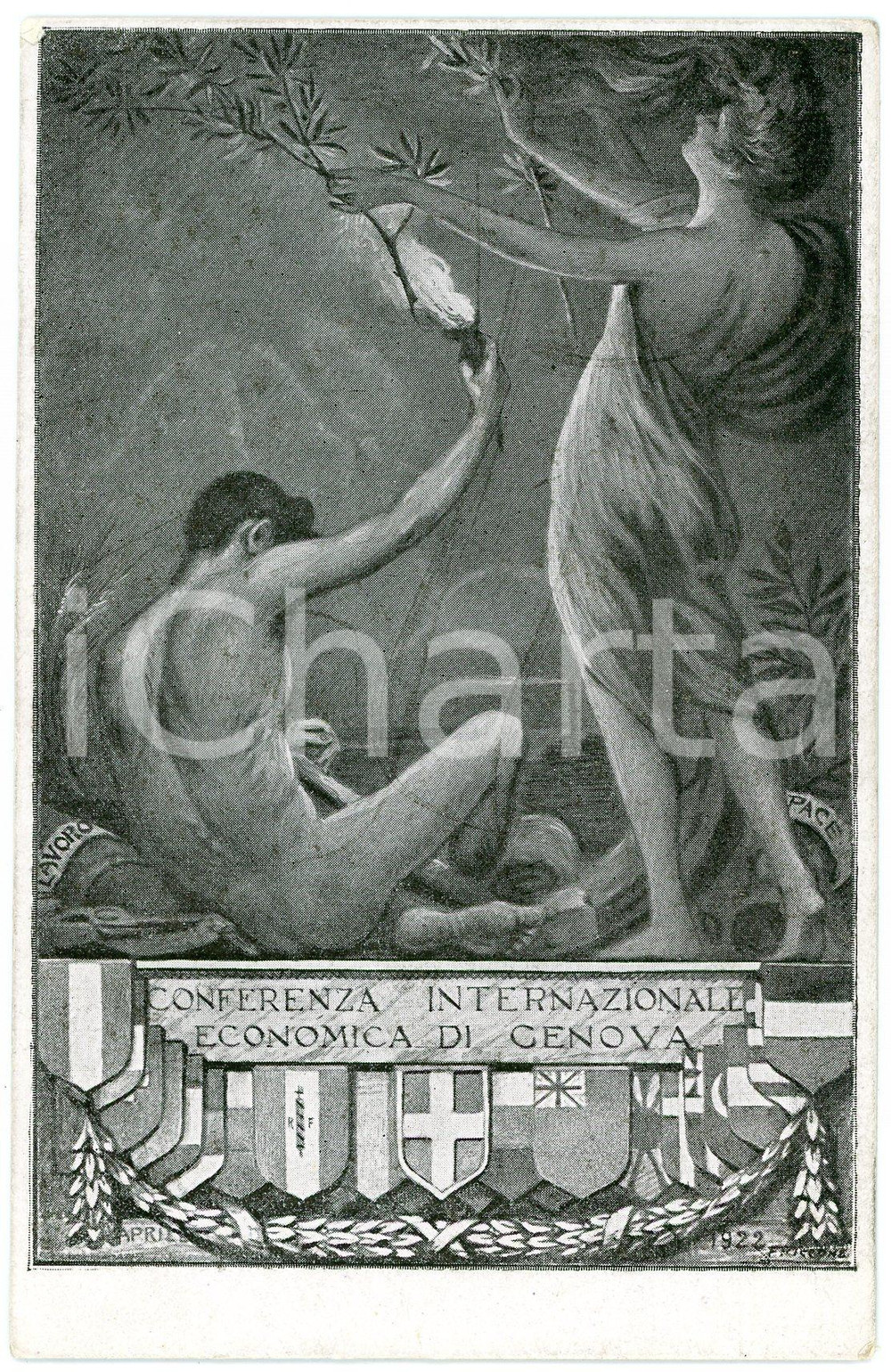 1922 CONFERENZA DI GENOVA Lavoro e Pace - Cartolina ILLUSTRATA FP NV  Cartolina postale d'epoca, non viaggiata.CONDIZIONI: FAIR FORMATO: FP    originale e autentica 1