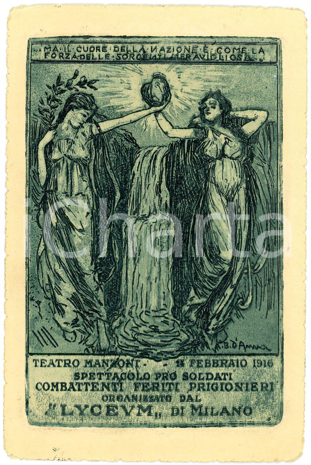 1916 MILANO - LYCEUM Teatro Manzoni - Spettacoli Pro Soldati - Cartolina FP VG  Cartolina postale d'epoca, viaggiata.Illustrazione di A. B. D'AnnaCONDIZIONI: FAIR FORMATO: FP    originale e autentica 1