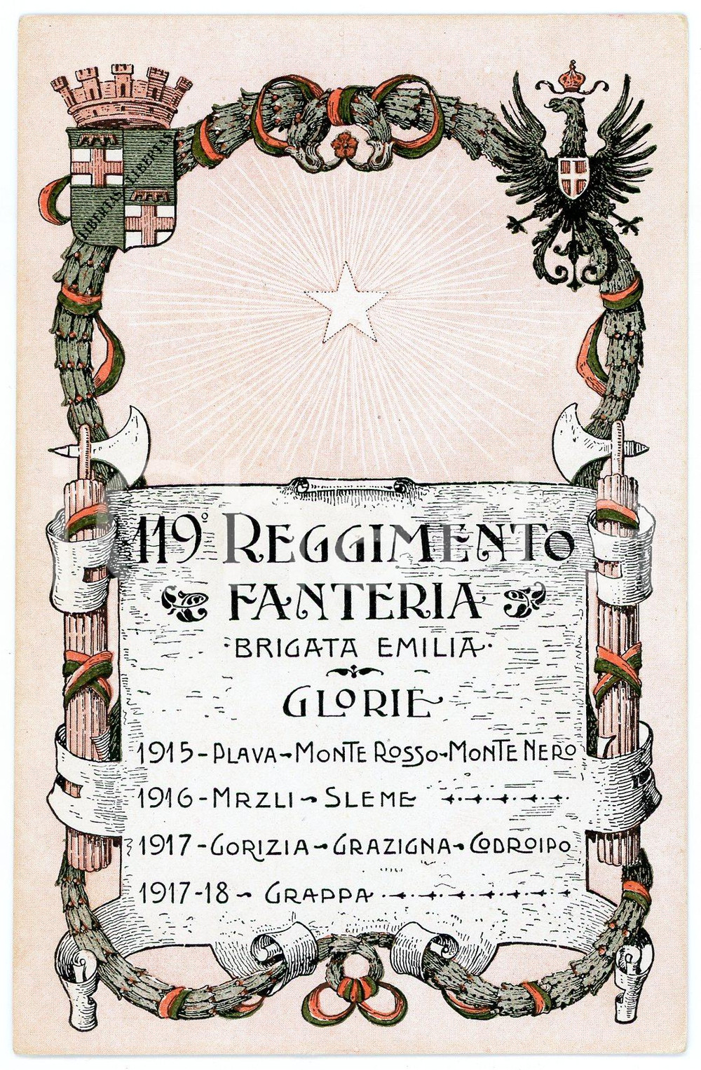 1918 WW1 - 119° Reggimento Fanteria BRIGATA EMILIA Cartolina illustrata FP NV  Cartolina postale d'epoca, non viaggiata.CONDIZIONI: FAIR (macchie al verso)FORMATO: FP    originale e autentica 1
