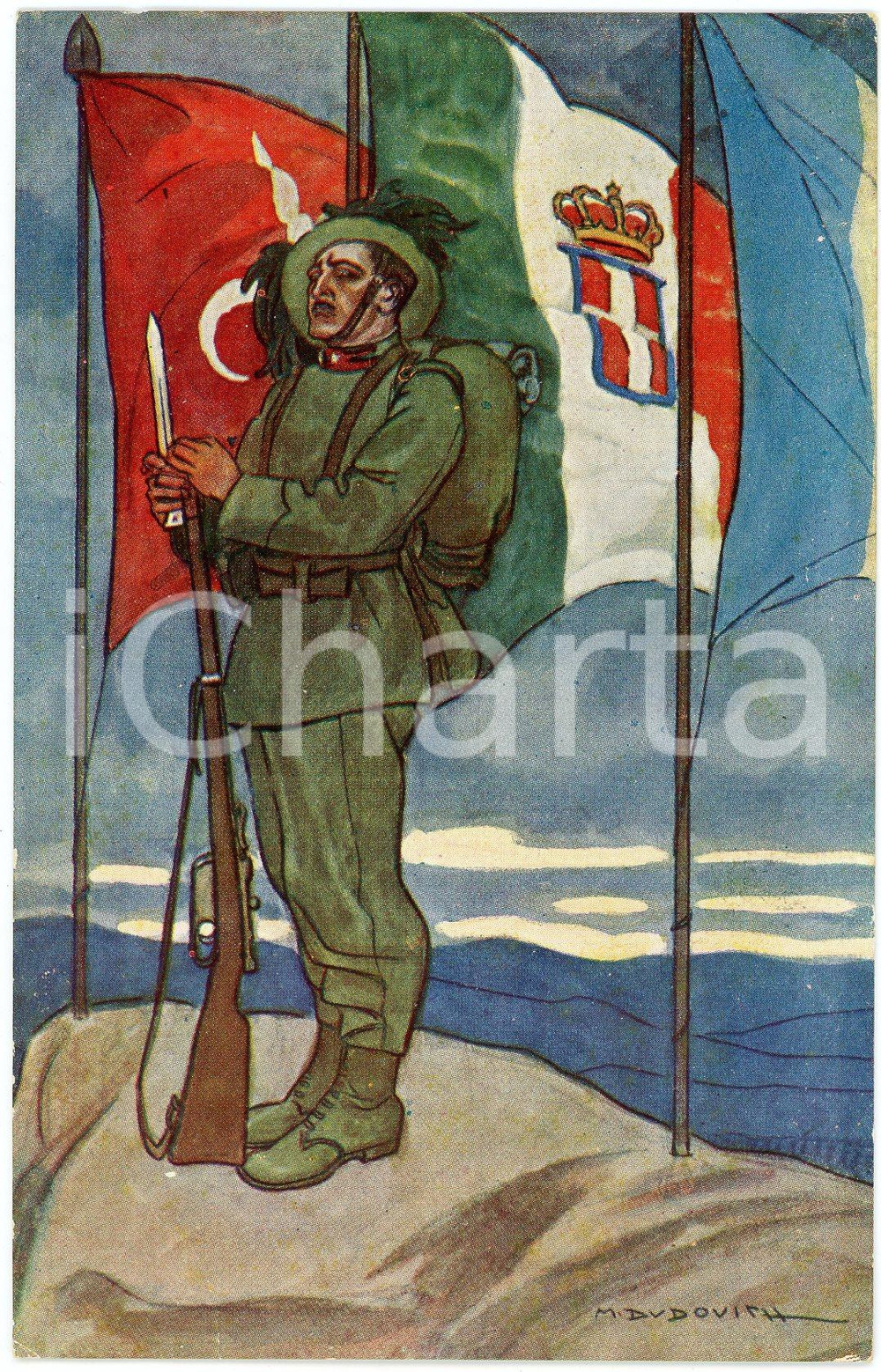 1915 ca VENEZIA - IRREDENTISMO Artista Marcello DUDOVICH Cartolina illustrata FP  Cartolina postale d'epoca, non viaggiata.CONDIZIONI: POOR (abrasione al recto, lievi smussature e sbrecciature)FORMATO: FP    originale e autentica 1