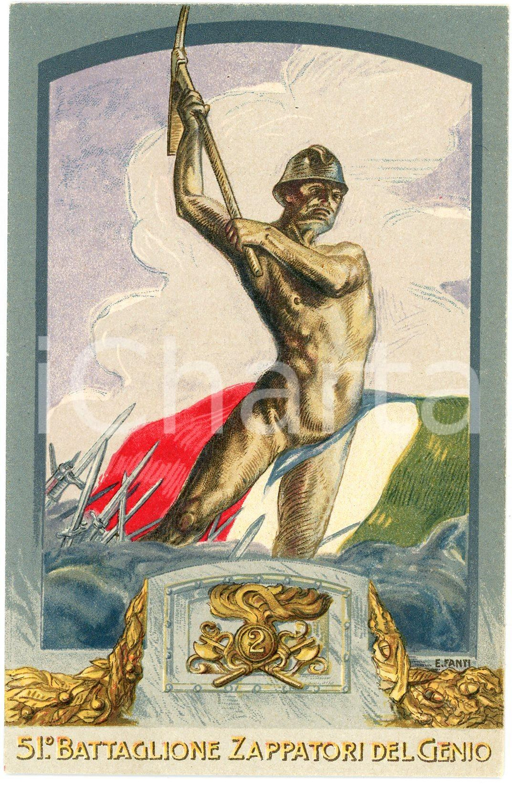 1915 ca WW1 - 51° Battaglione Zappatori del Genio - Artista E. FANTI Cartolina  Cartolina postale d'epoca, non viaggiata.CONDIZIONI: GOODFORMATO: FP     originale e autentica 1