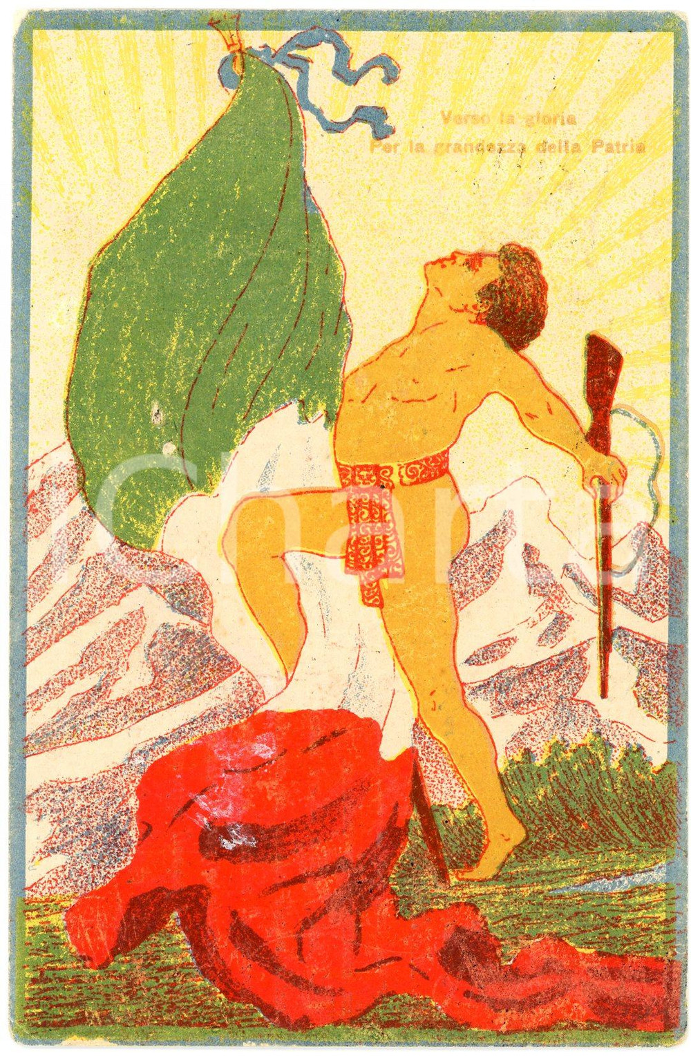 1915 LIVORNO Fascio Interventista - Per la grandezza della Patria - Cartolina FP  Cartolina postale d'epoca, viaggiata.Con versi di Attilio De Fusco al verso.CONDIZIONI: FAIR (sbrecciature al margine)FORMATO: FP    originale e autentica 1