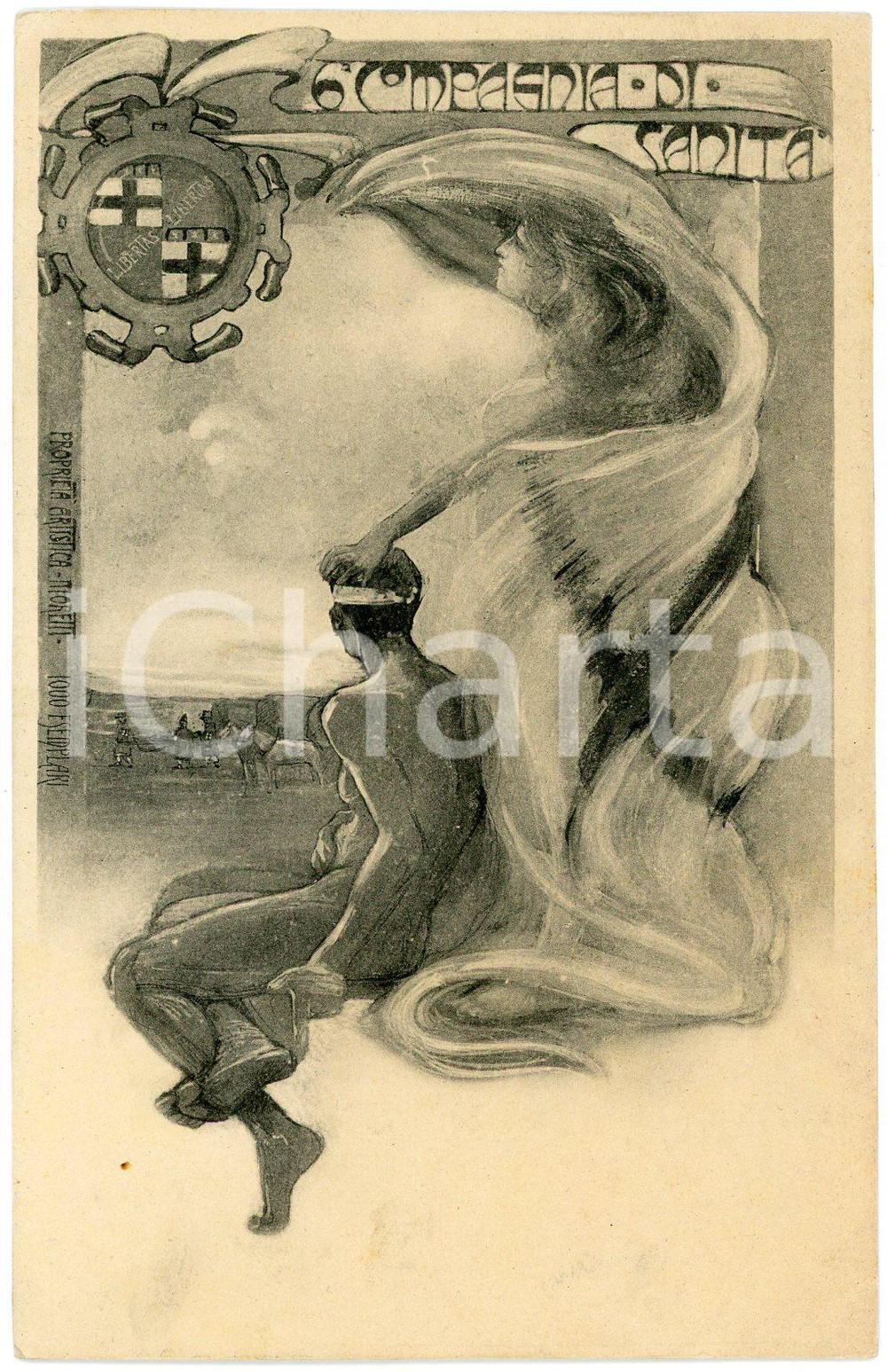 1900 ca REGIO ESERCITO - 6° Compagnia di Sanità - Cartolina ILLUSTRATA FP VG  Cartolina postale d'epoca, non viaggiata.CONDIZIONI: FAIR (lievi smussature agli angoli)FORMATO: FP    originale e autentica 1